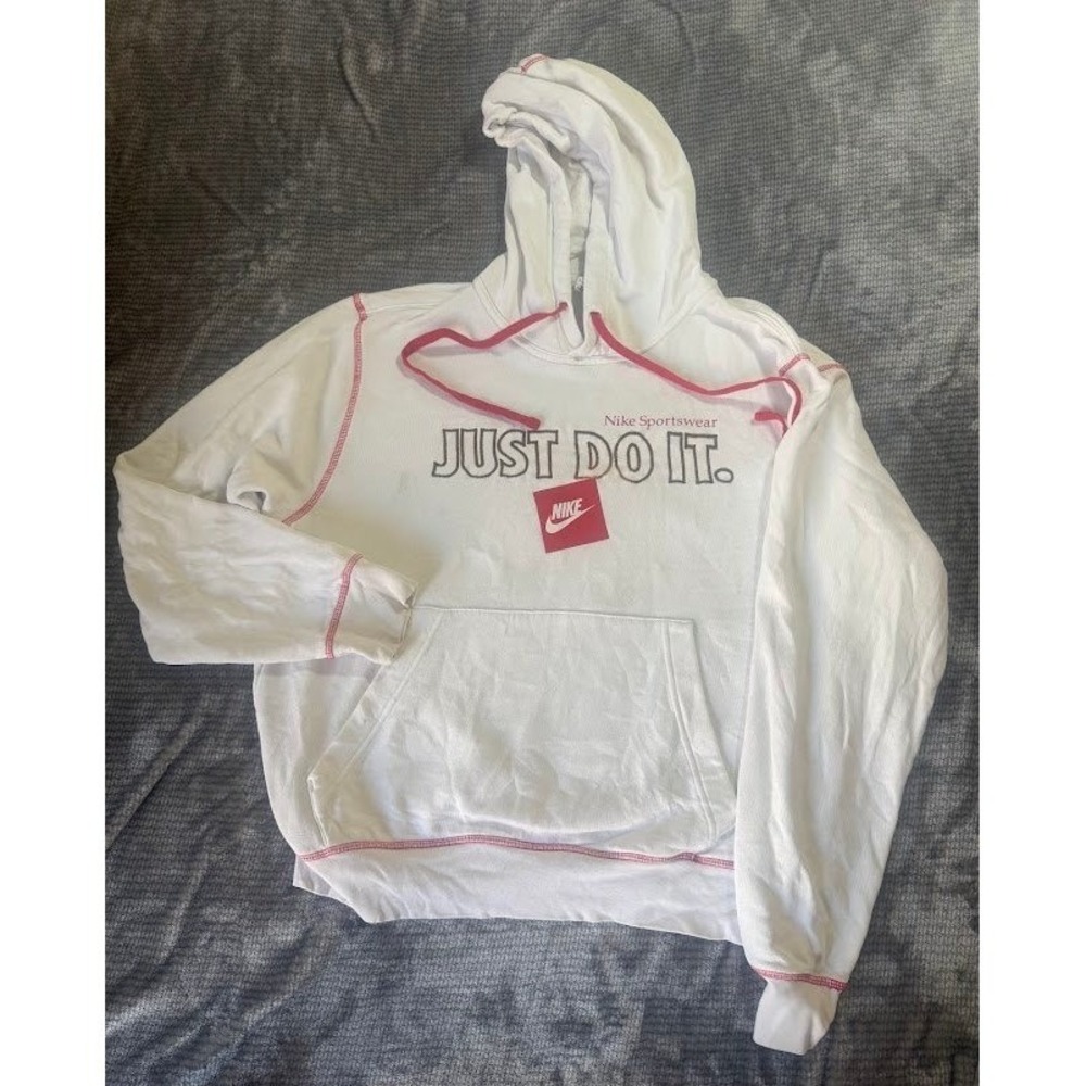 VTG Nike Sportswear Just Do It Hoodie White Pink Contrast Stitch Mens Medium